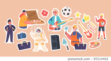Set of Stickers Kids Professions Builder, Courier, Astronaut, Musician, Pilot and Football Player. Children Occupation 95514402