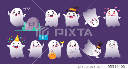 Set Of Cute Ghosts, Cartoon Halloween Characters. Funny Baby Spooks Creatures Wear Caps, Adorable Spirits Illustration 95514403