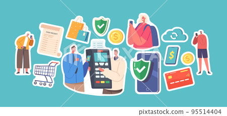 Set of Stickers Characters Use Contactless Payment. Buyers with Credit Cards and Smartphones. People Making Purchases 95514404