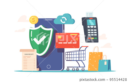 Safe Payment Concept with Smartphone, Shield, Cash Receipt, Trolley and Bags with Cloud, Pos Terminal and Coin Safe Payment Concept with Smartphone, Shield, Cash Receipt, Trolley and Bags with Cloud, Pos Terminal and Coin 95514428