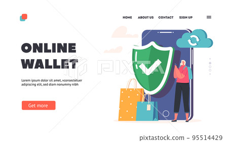Online Wallet Landing Page Template. Female Customer Stand at Huge Smartphone with Shield and Cloud for Safe Paying Online Wallet Landing Page Template. Female Customer Stand at Huge Smartphone with Shield and Cloud for Safe Paying 95514429