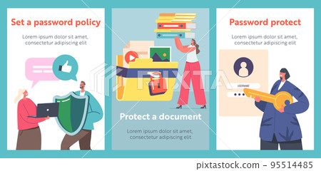Data and Document Protection, Privacy Cartoon Banners. Tiny Characters with Huge Video, Photo Files, Folders, Shield 95514485
