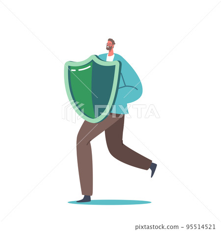 Man Holding Shield Covering From Cyber or Virus Attack. Data Base Protection, Health, Life or Business Insurance Concept 95514521