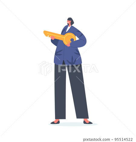 Businesswoman Holding Golden Key Isolated On White Background. Female Character Posing and Smiling, Way to Success Businesswoman Holding Golden Key Isolated On White Background. Female Character Posing and Smiling, Way to Success 95514522