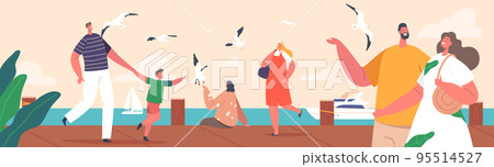 Happy Characters Walking along Embankment with Seaview and Floating Yacht. Family, Parents with Children, Couples Happy Characters Walking along Embankment with Seaview and Floating Yacht. Family, Parents with Children, Couples 95514527
