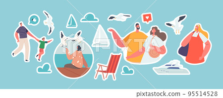 Set of Stickers People Walking along Embankment, Yacht, Gull, Dad with Son, Couple or Family Characters Outdoor Relax Set of Stickers People Walking along Embankment, Yacht, Gull, Dad with Son, Couple or Family Characters Outdoor Relax 95514528