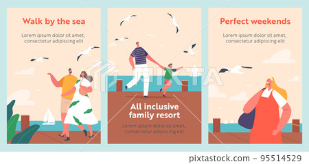 People Walking Along Quay Cartoon Banners. Happy Characters Walk Along Embankment With Seaview And Floating Yacht People Walking Along Quay Cartoon Banners. Happy Characters Walk Along Embankment With Seaview And Floating Yacht 95514529