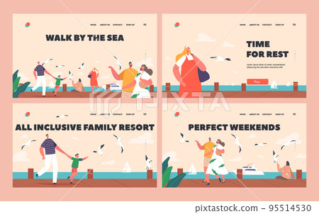 People Walk by the Sea Landing Page Template Set. Happy Characters Walking along Embankment with Seaview People Walk by the Sea Landing Page Template Set. Happy Characters Walking along Embankment with Seaview 95514530