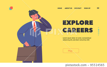 Explore Career Landing Page Template. Kid Businessman with Briefcase Speaking by Mobile Phone. Boy Character in Suit 95514565