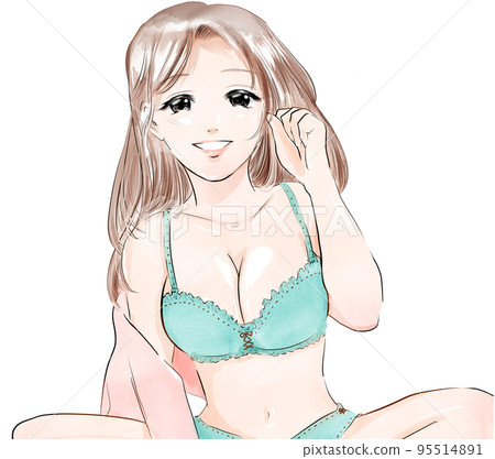 一個穿著少女內衣的性感年輕模特的彩色卡通插圖 95514891