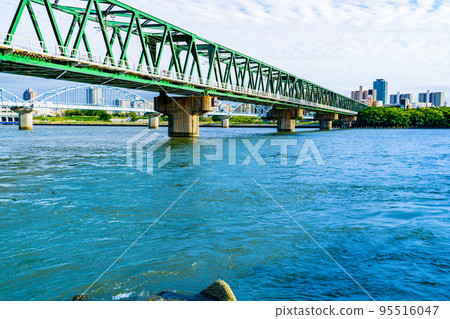 Hankyu Senri Line Yodogawa Bridge and Nagara Aqueduct Bridge over the Yodo River in Osaka Prefecture 95516047