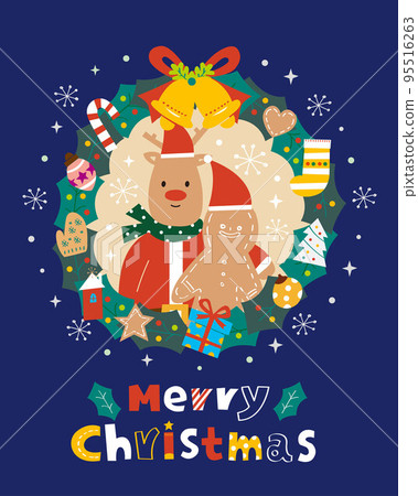 Merry Christmas; Reindeer and gingerbread celebrate Xmas Merry Christmas; Reindeer and gingerbread celebrate Xmas 95516263