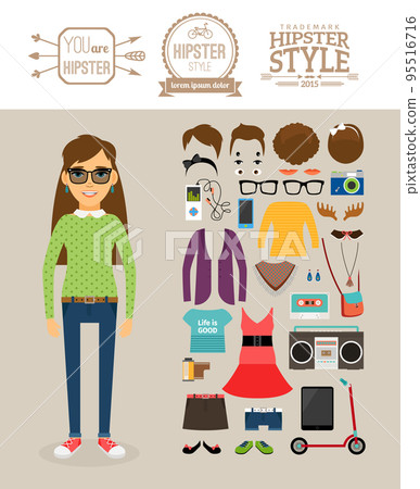 Hipster girl elements. Clothes, hairstyles and logos 95516716