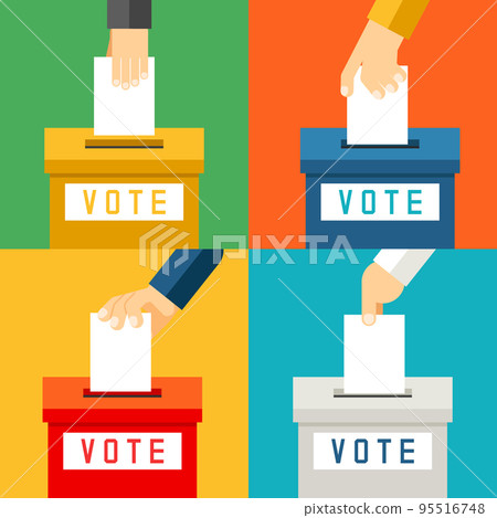 Hand putting voting paper in ballot box 95516748