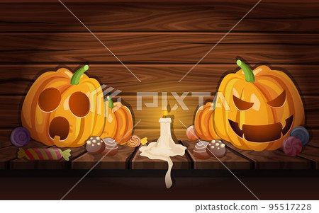 Halloween Pumpkins In Wooden Barn Composition 95517228