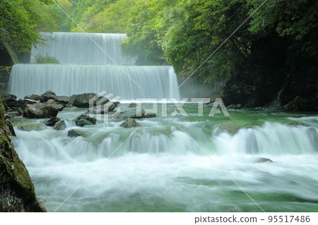 Oya, Niyodogawa-cho, Agawa-gun, Kochi Prefecture, Yasui Valley, famous for its Niyodo Blue, Sabo dam on the Yasui River, which was swollen by a typhoon 95517486