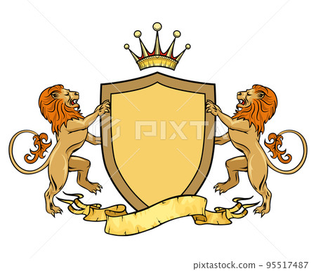Heraldic lions with shield and ribbon. Emblem or badge template Heraldic lions with shield and ribbon. Emblem or badge template 95517487