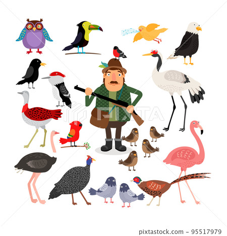 Fowling. Birds and Hunter vector illustration Fowling. Birds and Hunter vector illustration 95517979