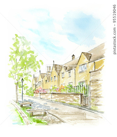 Watercolor sketch of the townscape of Bourton-on-the-Water, England Watercolor sketch of the townscape of Bourton-on-the-Water, England 95519046