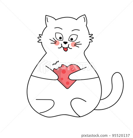 Cute white cat sitting and eating a heart shaped cookie. Cute white cat sitting and eating a heart shaped cookie. 95520137