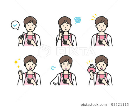 一組操作智能手機的中代家庭主婦 一組操作智能手機的中代家庭主婦 95521115