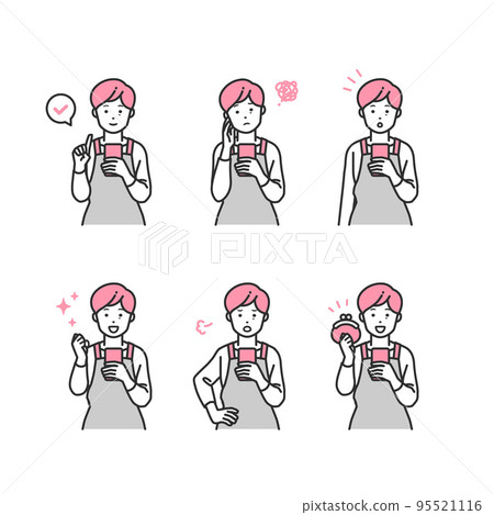 一組操作智能手機的中代家庭主婦 一組操作智能手機的中代家庭主婦 95521116