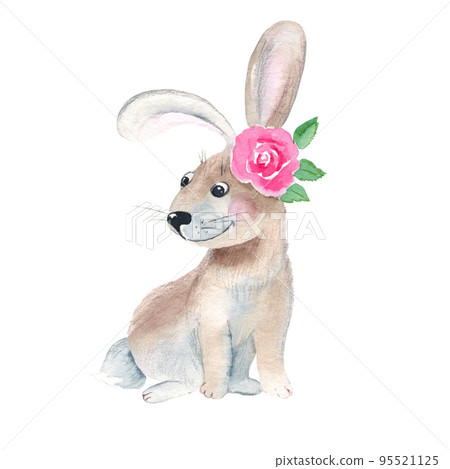 Cute rabbit with pink rose isolated on white background. Watercolor hand drawn illustration. Perfect for kid cards, baby shower, clothes prints, decals. Cute rabbit with pink rose isolated on white background. Watercolor hand drawn illustration. Perfect for kid cards, baby shower, clothes prints, decals. 95521125