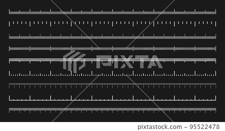 Various measurement scales with divisions. Realistic white scale for measuring length or height in centimeters, millimeters or inches. Ruler, tape measure marks, size indicators. Vector illustration Various measurement scales with divisions. Realistic white scale for measuring length or height in centimeters, millimeters or inches. Ruler, tape measure marks, size indicators. Vector illustration 95522478