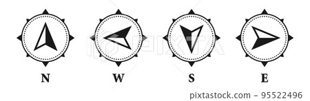 Vintage marine wind rose, nautical chart. Monochrome navigational compass with cardinal directions of North, East, South, West. Geographical position, cartography and navigation. Vector illustration. 95522496