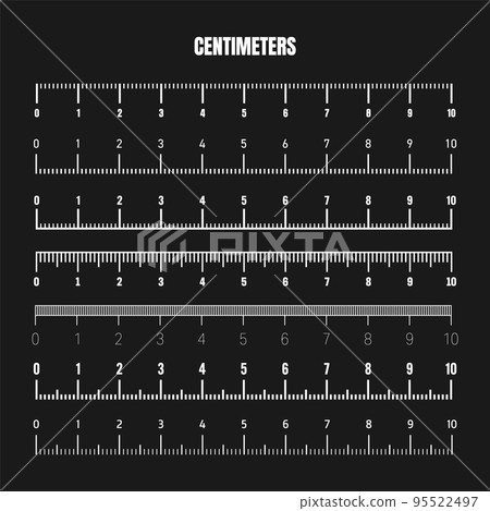 Realistic white centimeter scale for measuring length or height. Various measurement scales with divisions. Ruler, tape measure marks, size indicators. Vector illustration Realistic white centimeter scale for measuring length or height. Various measurement scales with divisions. Ruler, tape measure marks, size indicators. Vector illustration 95522497