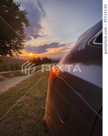gray car near a big old beech tree in the mountains at sunset gray car near a big old beech tree in the mountains at sunset 95524130
