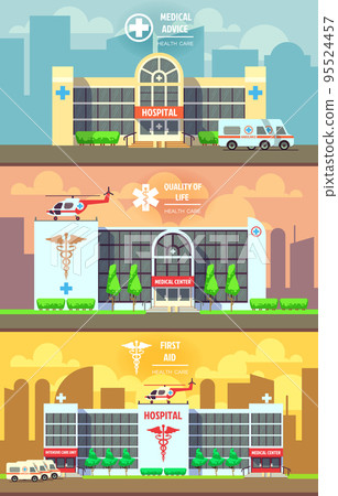 Medical center and hospital building vector banners set. Health care concept 95524457