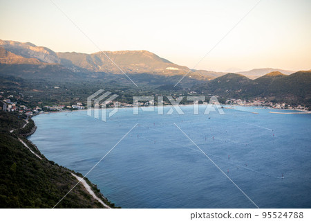 overhead view of Vasiliki town sea beach windsurfing overhead view of Vasiliki town sea beach windsurfing 95524788