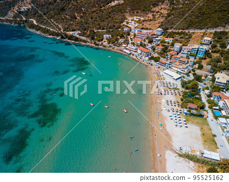 aerial view of vasiliki beach windsurfing Lefkada island Greece aerial view of vasiliki beach windsurfing Lefkada island Greece 95525162