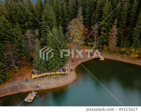 aerial view of autumn carpathian lake in ukraine mountains aerial view of autumn carpathian lake in ukraine mountains 95525627