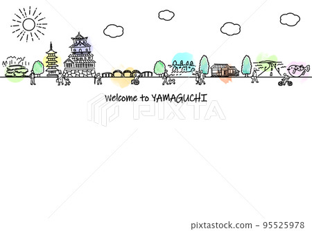 Hand-drawn townscape of Yamaguchi Prefecture and simple line drawings of people Hand-drawn townscape of Yamaguchi Prefecture and simple line drawings of people 95525978