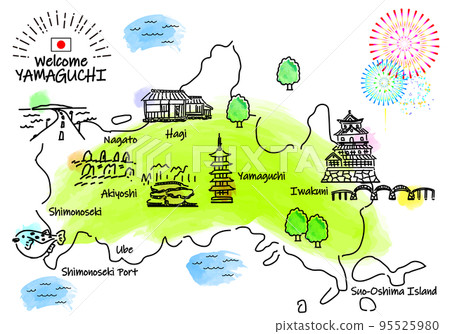 Handwritten simple line drawing illustration map of sightseeing spots in Yamaguchi Prefecture 95525980