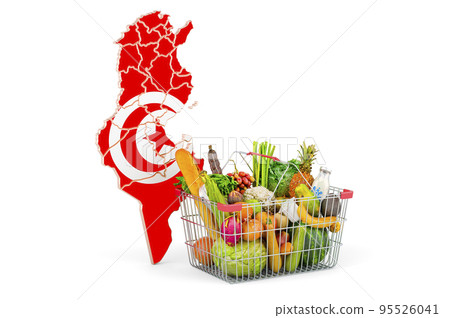 Purchasing power and market basket in Tunisia concept. Shopping basket with Tunisian map, 3D rendering 95526041