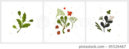 Christmas watercolor of bouquet berries and green leaves arrangings set. Hand-painted watercolor elements suitable for decorative Christmas festival, New year invitations, or greeting cards. 95526467