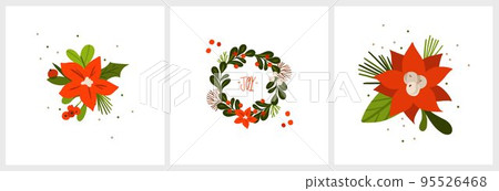 Christmas watercolor of bouquet berries and green leaves arrangings set. Hand-painted watercolor elements suitable for decorative Christmas festival, New year invitations, or greeting cards. Christmas watercolor of bouquet berries and green leaves arrangings set. Hand-painted watercolor elements suitable for decorative Christmas festival, New year invitations, or greeting cards. 95526468