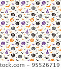 Creepy Halloween wallpaper with pumpkins, bats and spiders. Seamless pattern. Vector 95526719