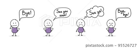 Sad stickman with speech bubble - bye, see ya, see you soon. Vector 95526727
