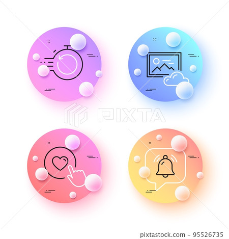 Notification bubble, Fast recovery and Like button minimal line icons. 3d spheres or balls buttons. Photo cloud icons. For web, application, printing. Bell, Backup timer, Press love. Image hub. Vector 95526735