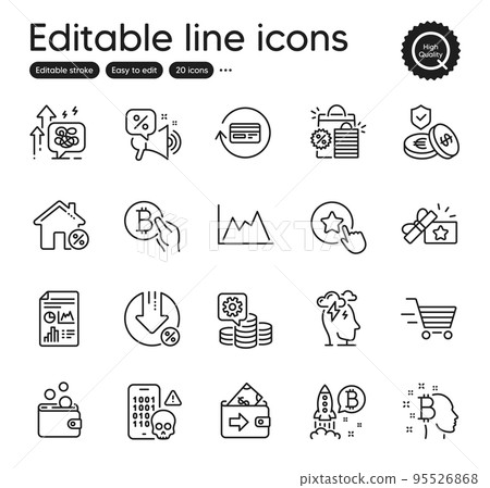 Set of Finance outline icons. Contains icons as Stress, Delivery shopping and Stress grows elements. Report document, Wallet, Loyalty gift web signs. Discounts offer, Cyber attack. Vector 95526868