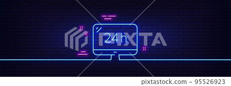 Neon light glow effect. 24 hour service line icon. Call support sign. Feedback chat symbol. 3d line neon glow icon. Brick wall banner. 24h service outline. Vector 95526923