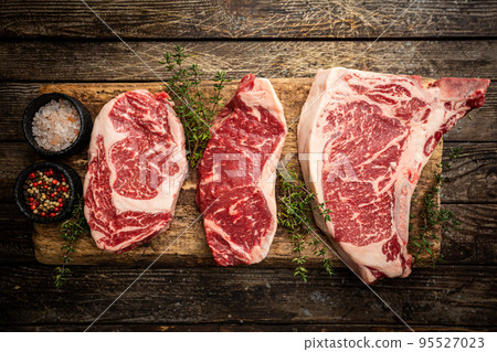 Variety of Raw Meat Steaks 95527023