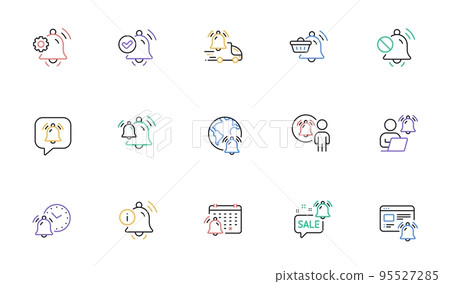 Notification line icons. Calendar Reminder, Alarm Clock, Notification Bell. User Message Alarm, Phone ring, Sale offer line icons. Time reminder, Delivery notification and calendar bell. Vector Notification line icons. Calendar Reminder, Alarm Clock, Notification Bell. User Message Alarm, Phone ring, Sale offer line icons. Time reminder, Delivery notification and calendar bell. Vector 95527285