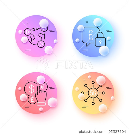 Video conference, Money currency and 5g technology minimal line icons. 3d spheres or balls buttons. Lock icons. For web, application, printing. Vector 95527304
