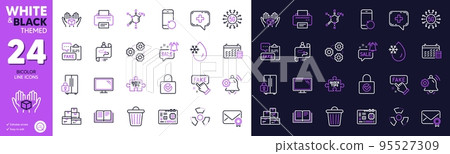 Hold box, Monitor and Medical chat line icons for website, printing. Collection of Verified mail, Notification bell, Refrigerator icons. Trash bin, Printer, Wholesale goods web elements. Vector 95527309