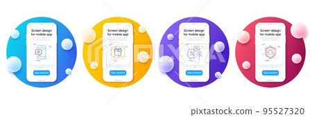 Minimal set of Discounts chat, Weather phone and Wish list line icons for web development. Phone ui interface mockup with balls. Luggage protect icons. Sale bubbles, Travel device, Present box. Vector 95527320